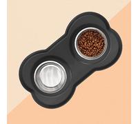 Dual Pet Food and Water Bowl Set with Non-Slip Mat, Black Bone-Shaped Base, Removable Stainless Steel Bowls, Raised Edge Design for Spill Prevention