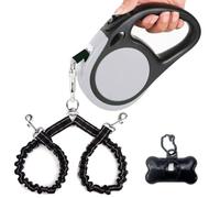 Dual Retractable Dog Leash for 2 Large Dogs (Up to 110 Lbs Each) - Double Headed 16 ft Extendable Pet Leash with Poop Bags, Non Slip Grip - One Button Break & Lock, 360 Tangle-Free (Gray, Large)