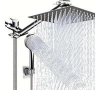Dual Shower Head Combo Rainfall Shower Head Handheld Showerhead Combo 8" High Pressure Rain Handheld Spray Angle Height Adjustable Extension Arm and Shower Hose with Adhesive Bracket