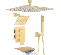 Dual Shower Heads System with Tub Spout, Ceiling Mount 12 Inch Shower Head with 6 Inch Wall Mount Shower Head Shower Faucet Set, Brushed Gold