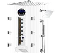 Dual Shower System 12" & 8" Rain Shower Heads with Handheld Spray 6 Body Jets Waterfall Tub Spout 5-Way Temperature Display Valve Chrome Finish - Luxury Bathroom Upgrade