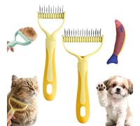 Dual-Sided Pet Grooming Rake, Deshedding Dog Brush & Cat Dematting Comb, Undercoat Rake for Dogs Shedding, Alternative Grooming Tool, Reduce Flying Hair (Yellow, Small + Large (2PCS))