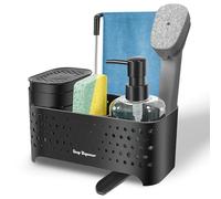 Dual Soap Dispenser Set for Kitchen Sink - 5-in-1 Organizer with Hand & Dish Soap Dispensers, Brush & Sponge Holder, Dishcloth Rail | Space-Saving Countertop Design, Black