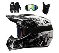 Dual Sport Motocross Helmet Set, Youth Kids Full Face Off Road Racing Motorbike Crash Helmets, Downhill BMX MTB ATV Enduro Quad Dirt Bike Helmet, with Goggles Gloves Mask(White Black,L/56-57CM)