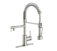 Dual Spout Kitchen Faucet with Pull Down Sprayer, Brushed Nickel Stainless Steel Commercial Sink Faucet, Single Handle, 1 or 3 Hole Install, for Farmhouse RV Laundry Utility Wet Bar