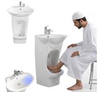 Dual-Stage Ceramic Ablution Basin, 360 Swivel Tap with Foot Wash Zone, Vertical Wudu Sink for Bathroom Rituals, Heavy-Duty Porcelain Design, Complete Accessory Kit Included
