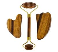 + Dual Stone Set: Tiger Eye + Jade 2-in-1 Roller & Gua Sha Tool May Help Promote Relaxation Cooling Stone Therapy Includes Velvet Storage Pouch