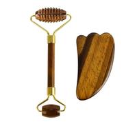 + Dual Stone Set: Tiger Eye + Jade 2-in-1 Roller & Gua Sha Tool May Help Promote Relaxation Cooling Stone Therapy Includes Velvet Storage Pouch
