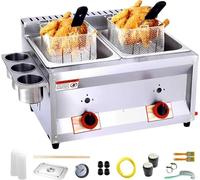 Dual Tanks Commercial Countertop LPG Gas Deep Fat Fryer - 10Lx2, 3 Basket, Lid Stainless Steel, Large Capacity Propane for French Fries - Home Kitchen, Restaurant