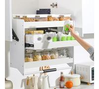 Dual Tier Wall Mounted Pantry Organizer - Pull Down Cabinet Storage with Handle, Space-Saving Design for Turn-Open Doors (555-595mm) - Maximize Kitchen Space