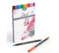 Dual Tip Brush Pen Marker Set - 12 Colours - Flexible Brush & Fineliner Tips - Watercolour Effects - Art Markers for Adult Colouring Books, Calligraphy, Lettering, Bullet Journal Pens - MozArt Supplies