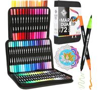 Dual Tip Markers, 72 Pack with Case, No Bleed Fine and Brush Pens | Narrow Nib Gives Precise Detailing, Flexible Edge Enables Shading, Lettering, Safe Non Toxic Ink