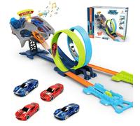 Dual Toy Car Race Track Set for Kids 2 Player Loop & Launch Car Track Toy with Score Points, 4 metal alloy Racing Cars, Interactive Sound Effects & Competitive Stunt Challenge for Boys & Girls