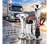 Dual Trumpet Compressor Horn for Renault Master Blue dCi 150 | Chrome-look twin trumpets with central compressor, wiring, L-bracket and fixings; approx. 21 × 15.5 × 6 cm.
