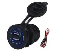 Dual USB Car Socket with 60cm Cable, 4.8A Fast Charging Power Outlet for 12V 24V Vehicle, Boat, ATV, RV, Includes Red Green Blue LED Light Options (Blue)
