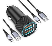 Dual USB Fast Car Charger Adapter and 2-Pack Type-C Cable, 36W Cigarette Lighter USB Socket for iPhone 16 15 Pro Max 16e, Samsung Galaxy S25 S24 S23 S22 S10 S9 S8 A55 A54 A53 A52, Google Pixel 9 8 7