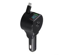 Dual USB PD30W Car Fast Charger with Digital Display and Telescopic Cable for 12/24V Cars, Black