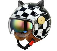 Dual-visor Motorcycle Jet Helmets with Cat Ears Cute Retro Open-face Helmet for Men Lightweight All-season Safety Impact-resistant Glossy black L/59-60cm