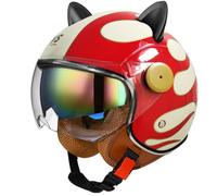 Dual-visor Motorcycle Jet Helmets with Cat Ears Cute Retro Open-face Helmet for Men Lightweight All-season Safety Impact-resistant Red L/59-60cm