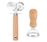 Dual-Wheel Pastry Cutter & Ravioli Press, Pasta Cutter Wheel with Wooden Handle & Fluted Edge Stainless Steel Kitchen Baking Tool for Ravioli Dumpling Lasagna Pizza Cookies Pie Dough