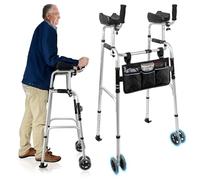 Dual-Wheel Walking Frame with Armrest Pad - Aluminum Stand Up Walker for Elderly, Upright Walker with Arm Support on Wheels, Height Adjustable Mobility Walking Frame,with Small Storage Bag, Silver
