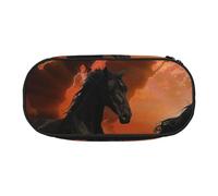 Dual-Zip Pencil Case Organizer with Mesh Compartment & Pen Holders - Black Horses Red Glowing Clouds Prints Multi-Purpose Stationery Holder, Travel-Friendly Cosmetic Bag for School, Office, Gifts