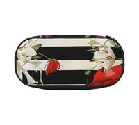 Dual-Zip Pencil Case Organizer with Mesh Compartment & Pen Holders - Black White Stripes Red Rose Flowers Prints Multi-Purpose Stationery Holder, Travel-Friendly Cosmetic Bag for School, Office, Gifts