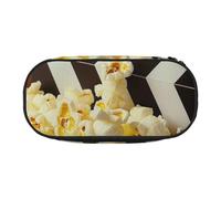 Dual-Zip Pencil Case Organizer with Mesh Compartment & Pen Holders - Cinema Movie Clapboard And Popcorn Prints Multi-Purpose Stationery Holder, Travel-Friendly Cosmetic Bag for School, Office, Gifts