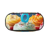 Dual-Zip Pencil Case Organizer with Mesh Compartment & Pen Holders - Colorful Happy Birthday Cupcakes Prints Multi-Purpose Stationery Holder, Travel-Friendly Cosmetic Bag for School, Office, Gifts