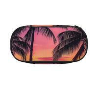 Dual-Zip Pencil Case Organizer with Mesh Compartment & Pen Holders - Palm Trees Silhouette at Sunset Prints Multi-Purpose Stationery Holder, Travel-Friendly Cosmetic Bag for School, Office, Gifts