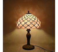 Dualbao 12 Inches Solid Color Pink Stained Glass Lampshade with Amber Crystal Bead Table Lamp, Tiffany Retro Desk Light for Desktop Decoration Bedside Living Room Bedroom,Pink