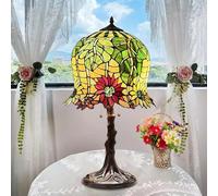 Dualbao 14''Red Yellow Sunflower Stained Glass Table Lamp, Pull Chain Switch 24'' Tall Zinc Alloy Base Vintage Nightlight for Lover Living Room Bedroom Home Office Family Accent Lamps