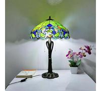 Dualbao 16'' Peacock Blue Green Yellow Baroque Table Lamp, Handmade Stained Glass Watermelon Rind Large Lampshade, 2 Lights Pull Chain Switch Lotus Leaf Resin Base 22''Tall,Green