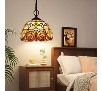 Dualbao Baroque Small Pendant Lamp, 8 Inches Tiffany Style Beige Classic Vintage Stained Glass Pendant Ceiling Light Djustable Chain for Hanging Lighting Bedside Kitchen Dining Room Corridor