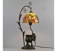 Dualbao Creative Little Mouse on The Lampstand Table Lamp,Tiffany Style Retro Base Stained Glass Desk Light Hotel Bedroom Bedside Decoration,Roses