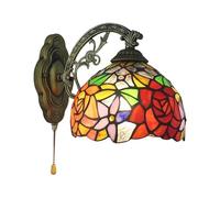 Dualbao Red Orange Rose Purple Flower Stained Glass Tiffany Style Wall Sconce Lamps Pull Chain Switch Vintage Pastoral Handmade Wall Light,Porch Lights Stair Light for Bedroom, Hallway