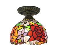 Dualbao Tiffany Ceiling Fixture Lamp, Retro Floral 8 Inch Purple Pink Stained Glass Shade Flush Mount Ceiling Light Pendant Lighting for Kitchen, Living Room, Bedroom,Hallway,Red Roses