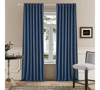 DUALIFE Blue Linen Blackout Curtains 132 Inch Length 2 Panels Set for Living Room Bedroom Back Tab Thermal Insulated 100% Black Out Linen Drapes 11 ft Window Curtains 132 Inches Long