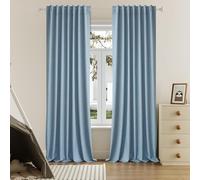 DUALIFE Slate Blue Linen Blackout Curtains 132 Inch Length 2 Panels Set for Living Room Bedroom Back Tab Thermal Insulated 100% Black Out Linen Drapes 11 ft Window Curtains 132 Inches Long Stone Blue