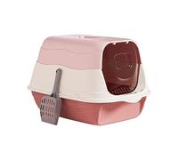 Dualoai Pet Litter Tray with Lid Hooded Cat Removable Cat Litter Tray Enclosed Cat Toilet with Front Entry Door for Kitten Pet, Pink, 50cmx34cmx33cm