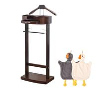 DUANHOZ Solid Wood Floor Standing Valet Stand, 43.1x34.2x106.6 cm, Men's & Women's Clothes Hanger, Free Standing Coat Rack, Elegant Brown Wooden Clothes Valet