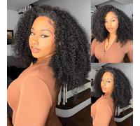 DUAUJUIU 3 in 1 Curly Half Wig Human Hair Kinky Curly Glueless Install Flexible Fit Flip Over Half Wig with Adjustable Elastic Band Invisilbe Hairline Beginner Friendly Drawstring Wigs 24 Inch