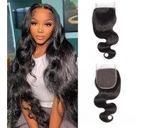 DUAUJUIU 4x4 Lace Closure Body Wave Wavy HD Transparent Lace Human Hair Free Part Closure Pre Plucked with Baby Hair Natural Color Brazilian Hair for Black Women 14 Inch