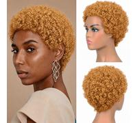 DUAUJUIU Glueless Wear and Go Short Afro Curly Wig None Lace for Black Women #30 Honey Blonde Ginger Tight Curly Wig 100% Human Hair Pixie Cut Wigs Soft and Bouncy 6 Inch