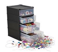 DUAYRA 4-Tier A5 Paper Drawer Organiser, Space Saving Desktop Drawer Organizer with 2 Deep & 2 Shallow Drawers, Recyclable Plastic Storage Unit with Clear Front Drawers for Office, Desk Tidy, 38000