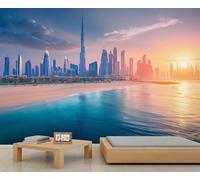 Dubai City Landscape Mural Urban Beach Mural Beach Sunset Cityscape Wallpaper Coastal City Wall Murals for Living Room Bedroom High Resolution Wallpaper 300 x 210 cm
