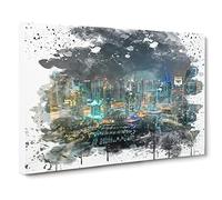 Dubai Skyline United Arab Emirates V3 Modern Canvas Wall Art Print Ready to Hang, Framed Picture for Living Room Bedroom Home Office Décor, 20x14 Inch (50x35 cm)
