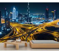 Dubai Skyline Wall Mural Modern City Night Murals Night City Highway Wallpaper for Bedroom Large Size Urban Landscape Wall Wall Decal for Living Room Not Peel and Stick 500 x 317 cm