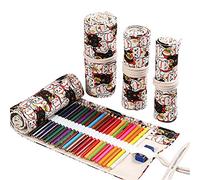 DUBENS Coloured pencil holder case, slots canvas wrap pouch pencil case set for children and adults, travel drawing colouring roll organiser (cat, 48 holes).