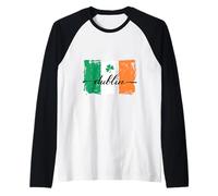 Dublin Handwriting Calligraphy On Grunge Painted Irish Flag Raglan Baseball Tee